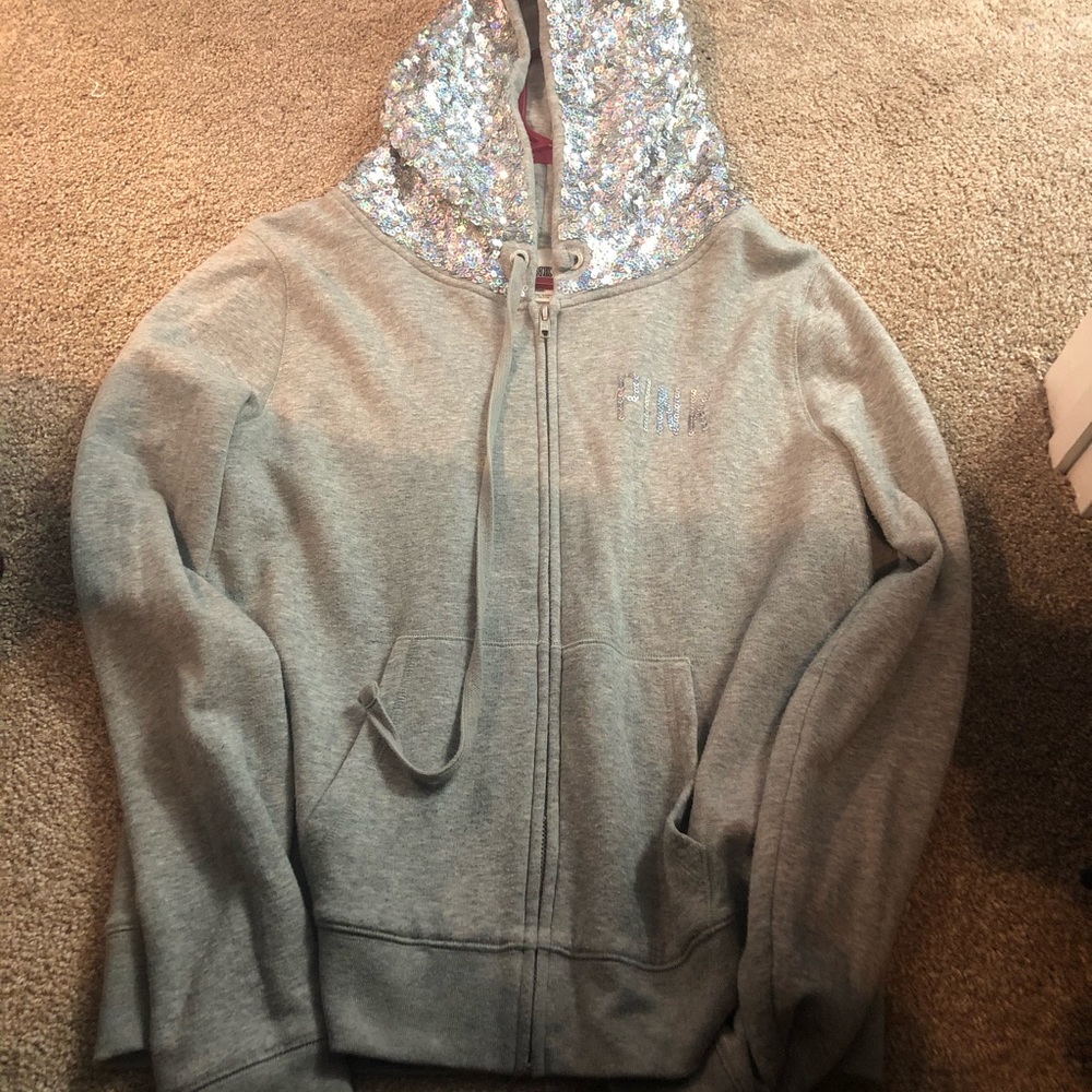 PINK Victoria's Secret Gray Zip-Up Hoodie with Sequin Lined Hood